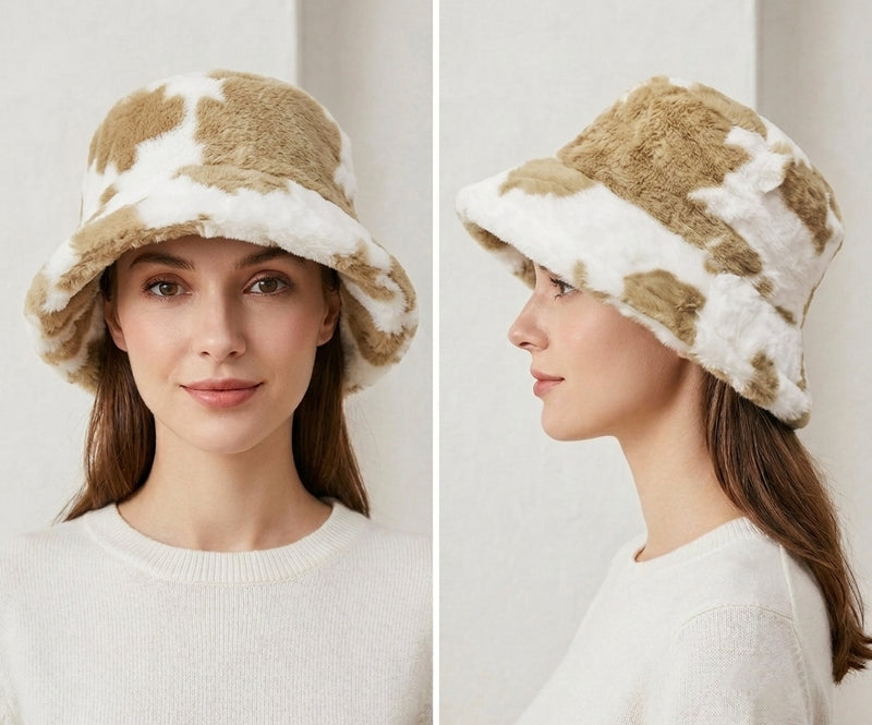 Cow Print Faux Fur Bucket Hat-HT2202