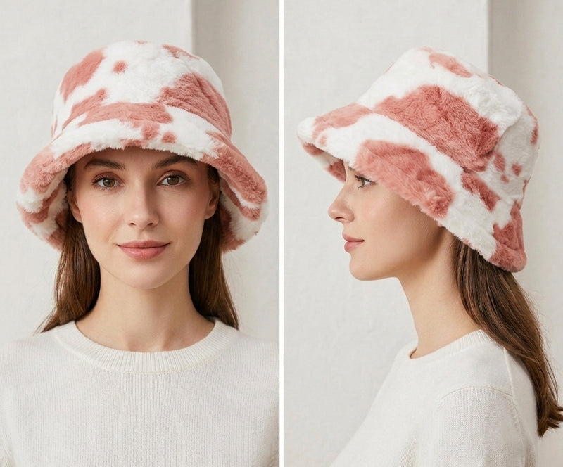 Cow Print Faux Fur Bucket Hat-HT2202