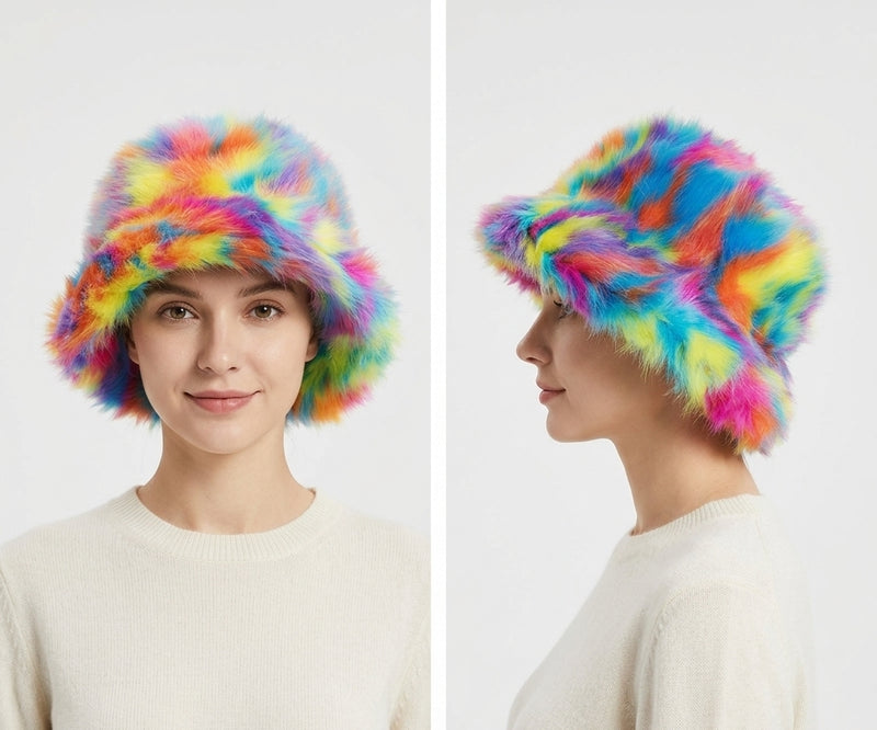 Colorful Faux Fur Bucket Hat-HT2304