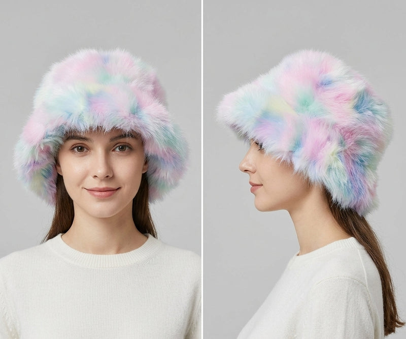 Colorful Faux Fur Bucket Hat-HT2304