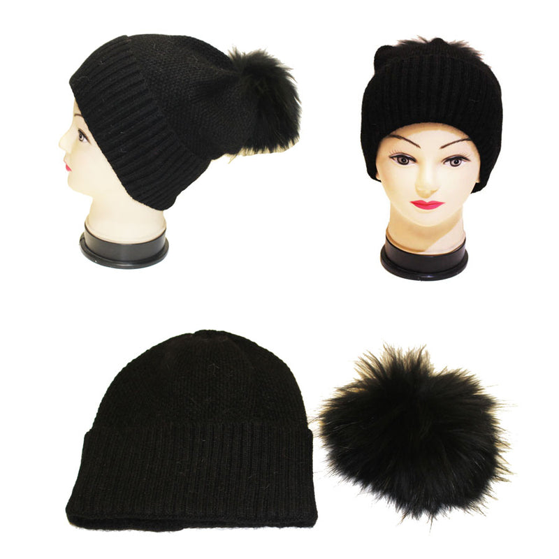 Knitted Beanie with Fox Fur Pom -HT2307