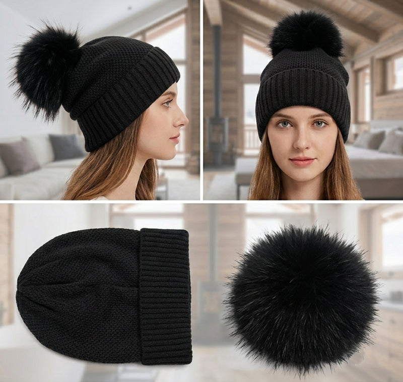 Knitted Beanie with Fox Fur Pom -HT2307