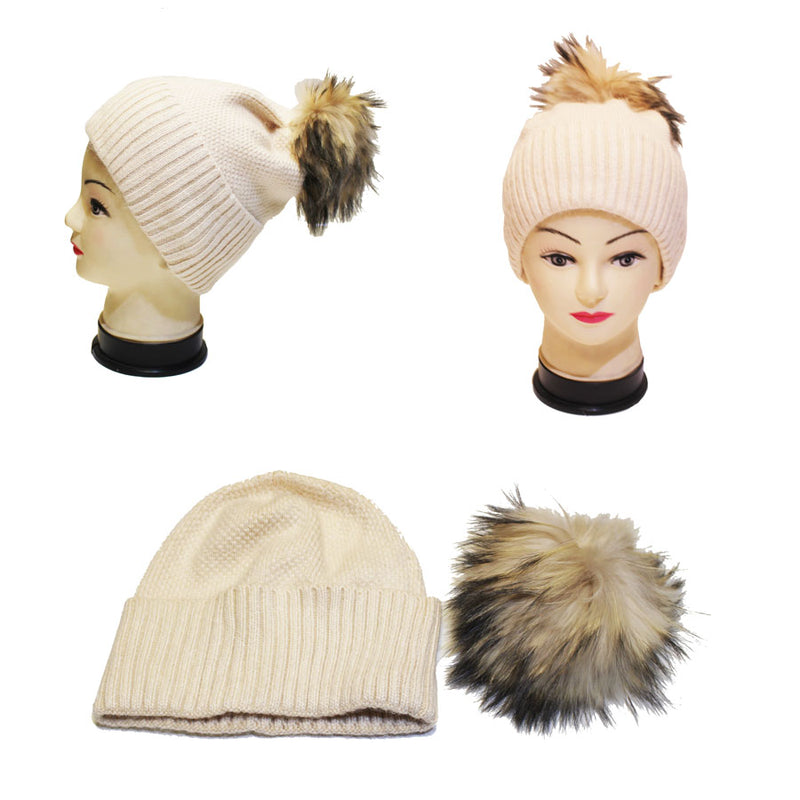Knitted Beanie with Fox Fur Pom -HT2307