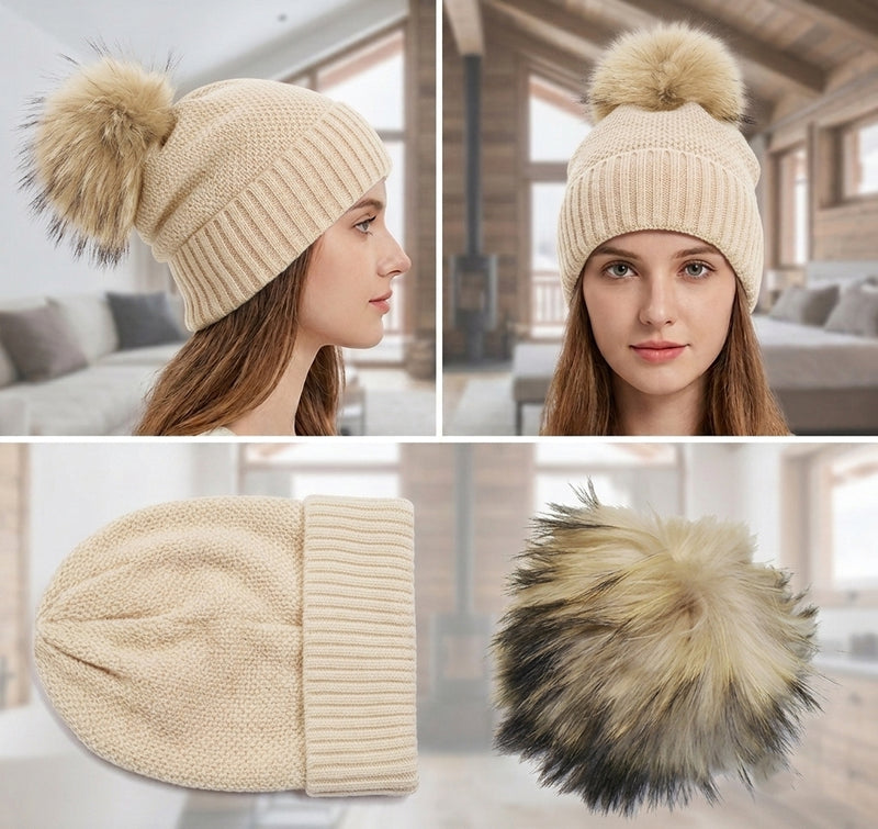 Knitted Beanie with Fox Fur Pom -HT2307