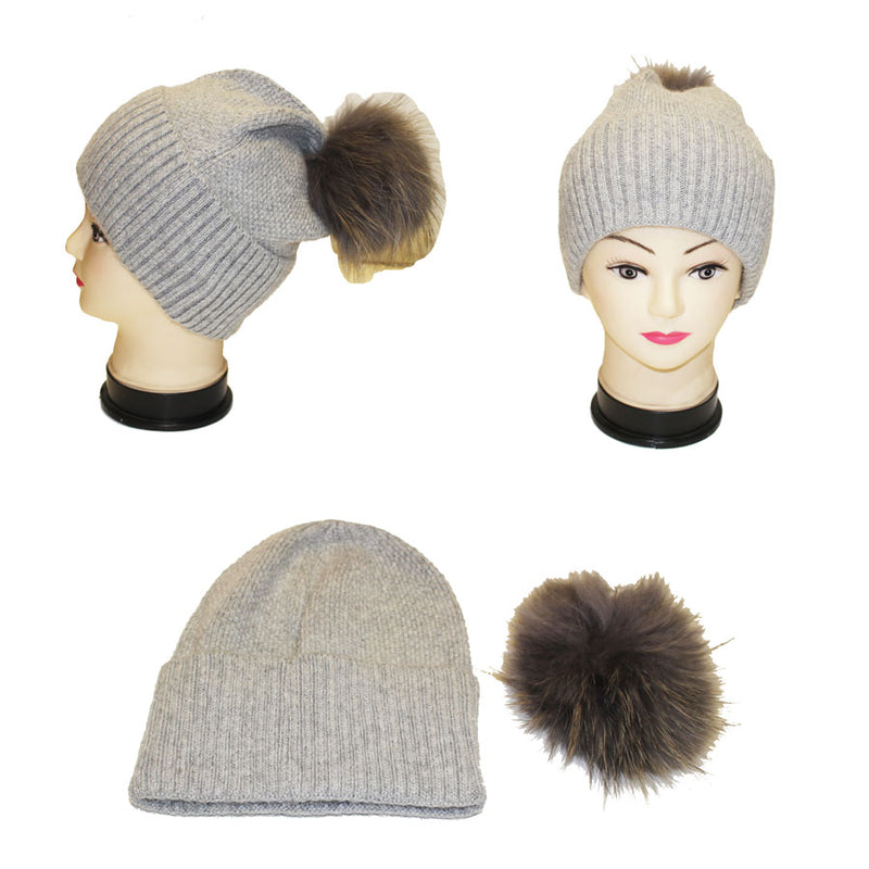 Knitted Beanie with Fox Fur Pom -HT2307