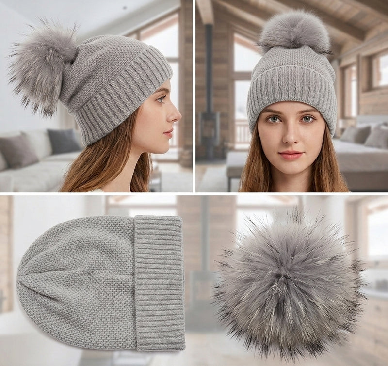 Knitted Beanie with Fox Fur Pom -HT2307