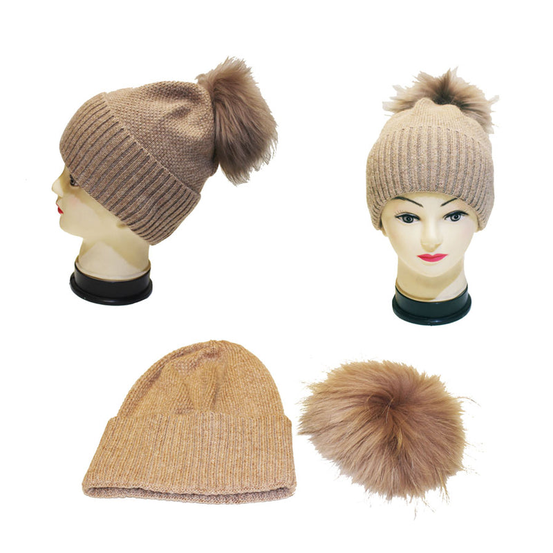 Knitted Beanie with Fox Fur Pom -HT2307