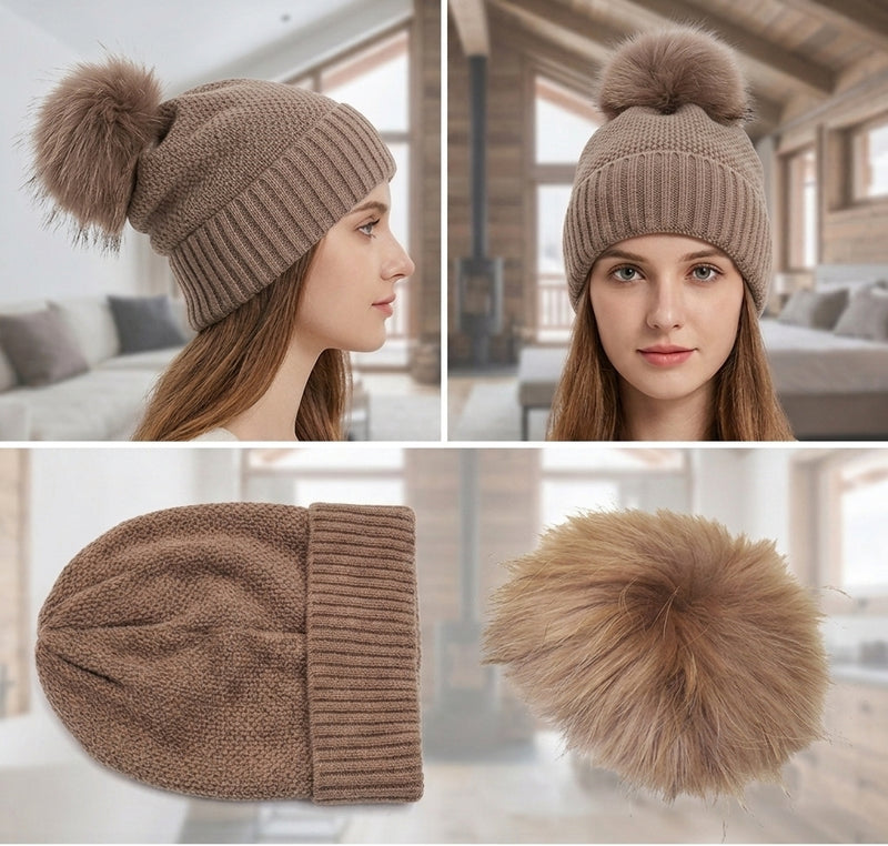 Knitted Beanie with Fox Fur Pom -HT2307