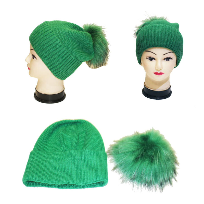 Knitted Beanie with Fox Fur Pom -HT2307