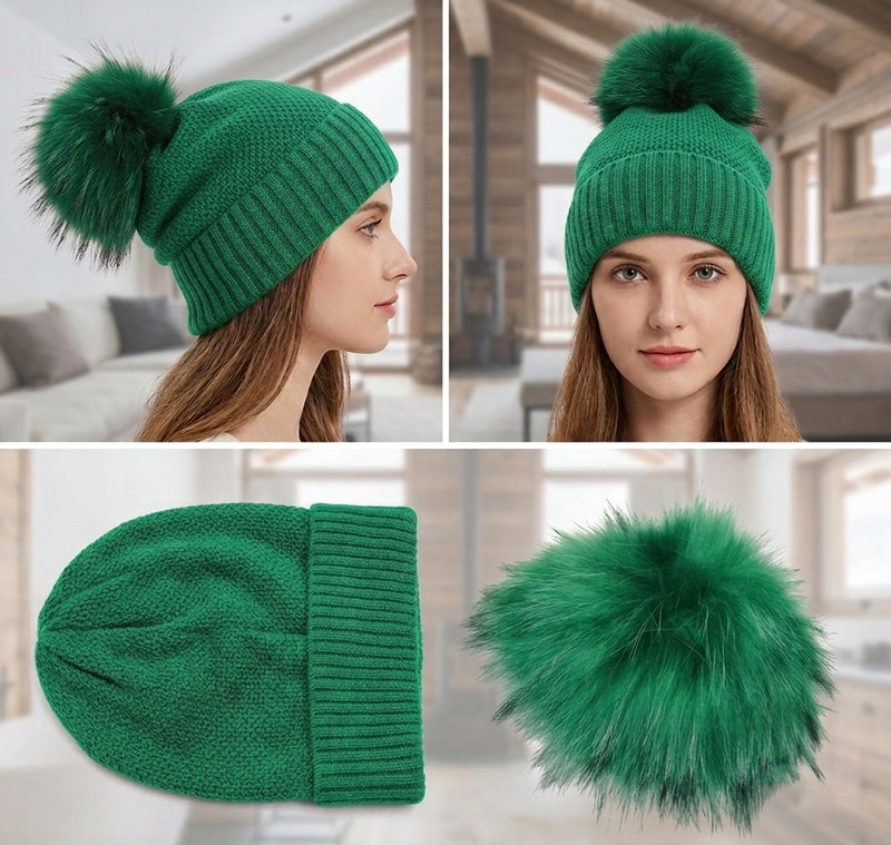 Knitted Beanie with Fox Fur Pom -HT2307