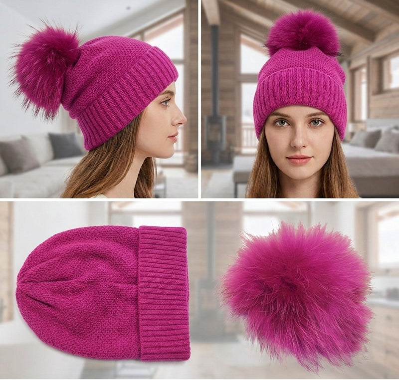 Knitted Beanie with Fox Fur Pom -HT2307