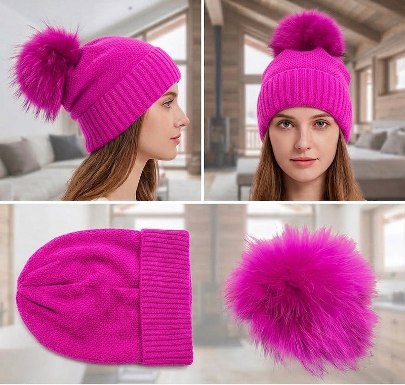 Knitted Beanie with Fox Fur Pom -HT2307
