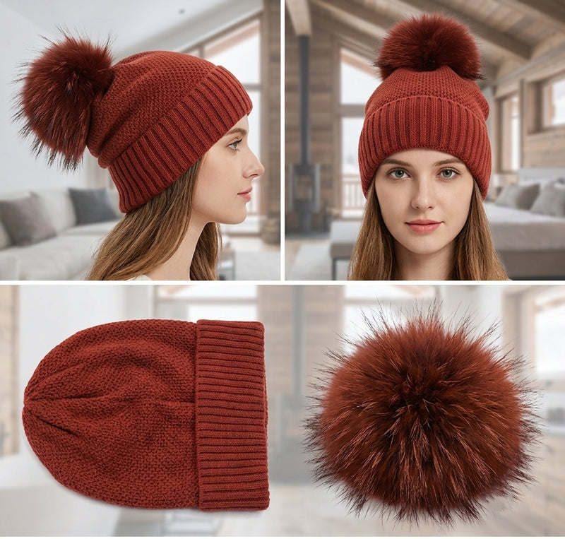 Knitted Beanie with Fox Fur Pom -HT2307