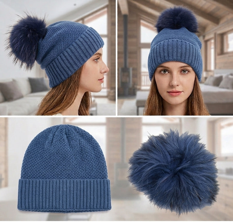 Knitted Beanie with Fox Fur Pom -HT2307