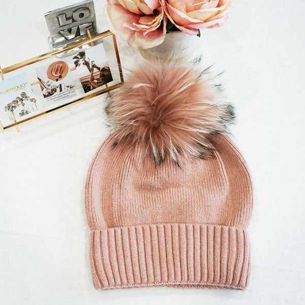 Slouchy Knit Beanie with Fox Fur Pom-HT2401