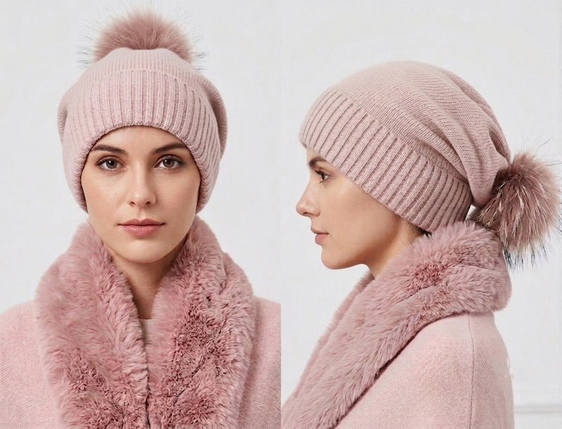 Slouchy Knit Beanie with Fox Fur Pom-HT2401