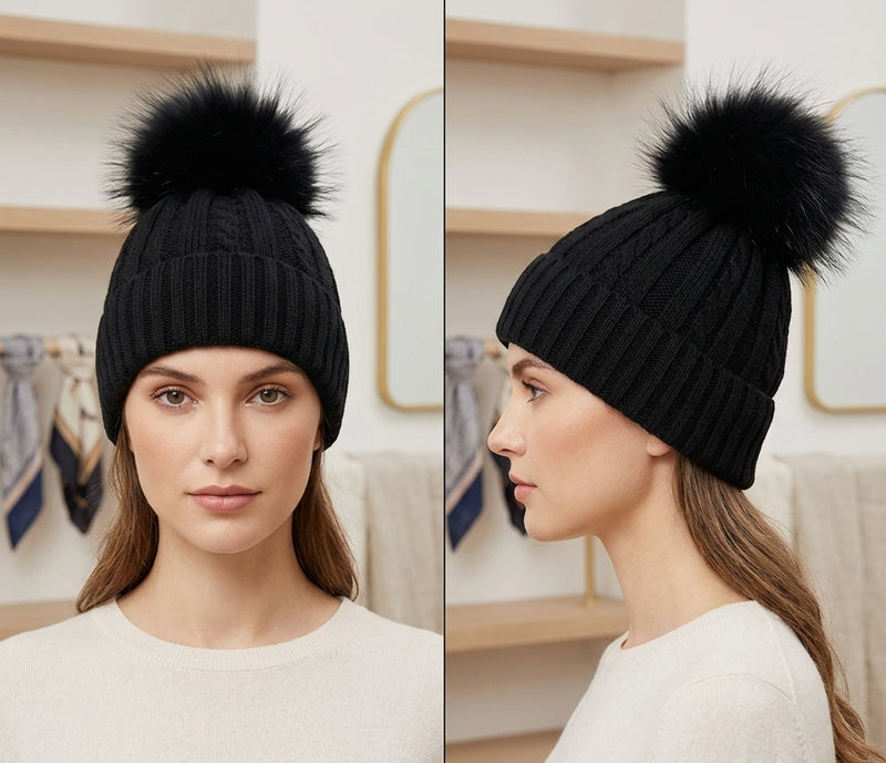 Knitted Beanie with Fox Fur Pom-HT2402