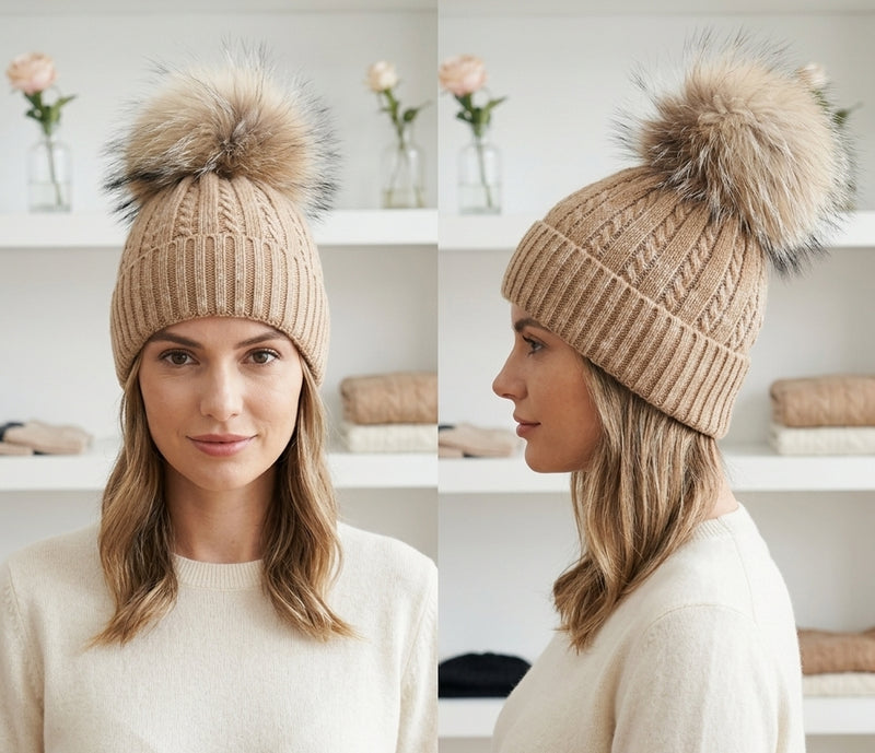 Knitted Beanie with Fox Fur Pom-HT2402