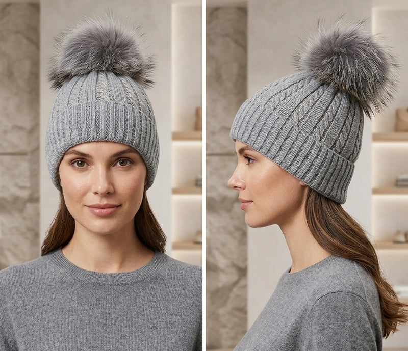 Knitted Beanie with Fox Fur Pom-HT2402