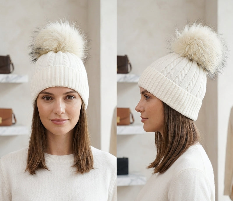 Knitted Beanie with Fox Fur Pom-HT2402