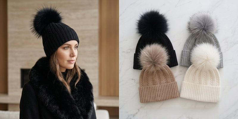 Knitted Beanie with Fox Fur Pom-HT2402