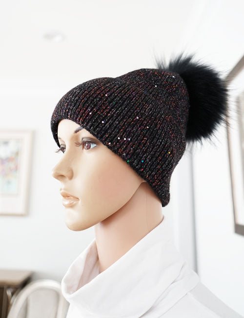 Sparkly Knit Beanie with Fox Fur Pom-Pom-HT2404