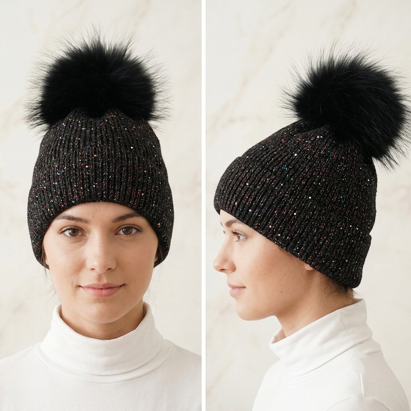 Sparkly Knit Beanie with Fox Fur Pom-Pom-HT2404
