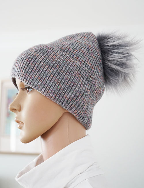 Sparkly Knit Beanie with Fox Fur Pom-Pom-HT2404