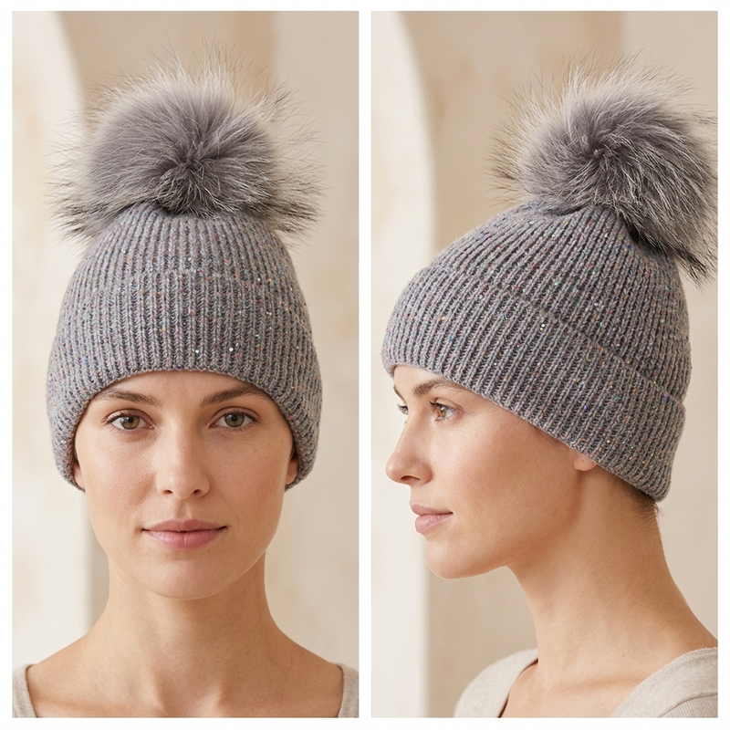 Sparkly Knit Beanie with Fox Fur Pom-Pom-HT2404