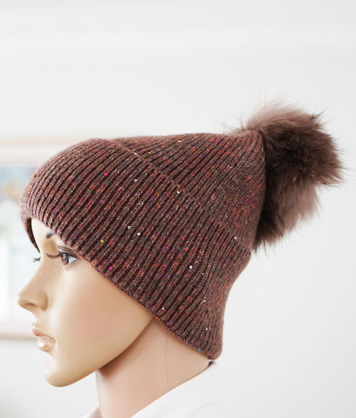 Sparkly Knit Beanie with Fox Fur Pom-Pom-HT2404