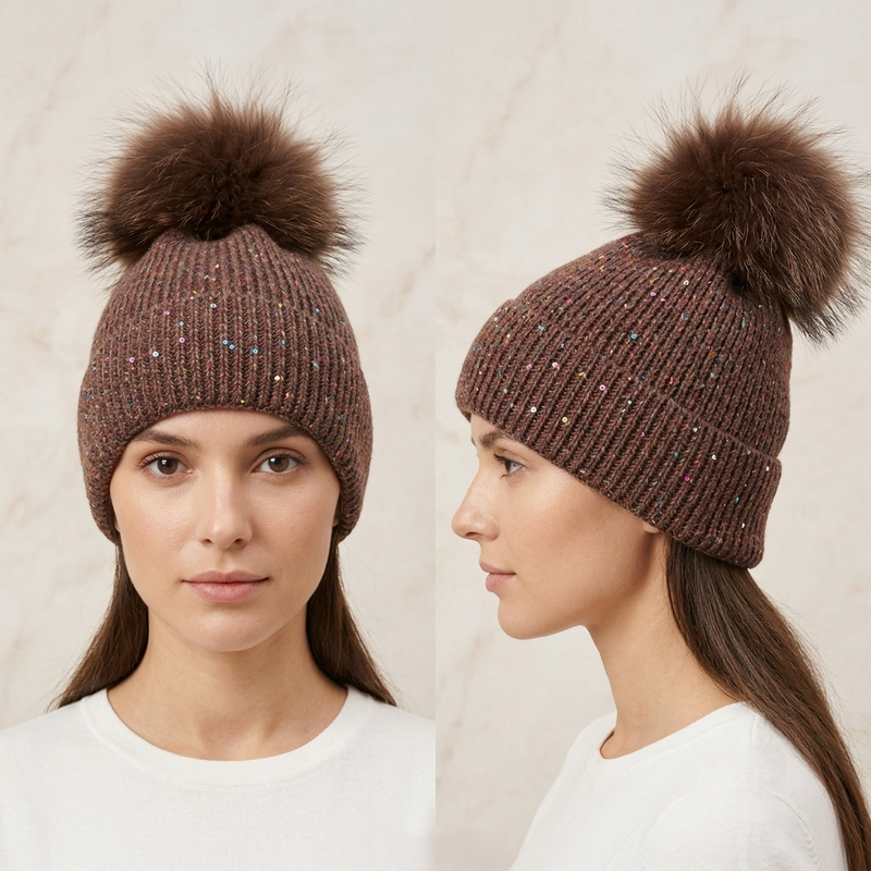 Sparkly Knit Beanie with Fox Fur Pom-Pom-HT2404