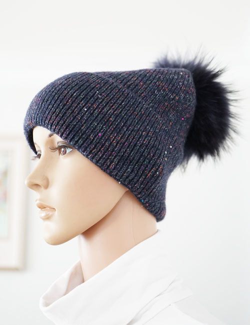 Sparkly Knit Beanie with Fox Fur Pom-Pom-HT2404