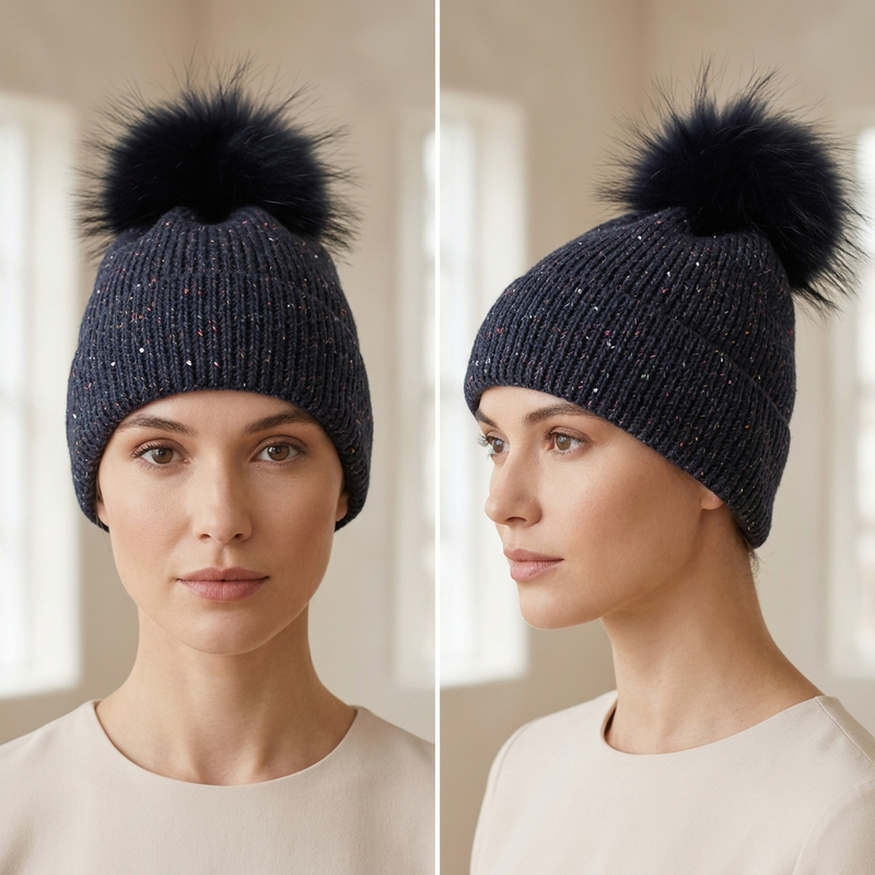 Sparkly Knit Beanie with Fox Fur Pom-Pom-HT2404