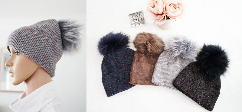 Sparkly Knit Beanie with Fox Fur Pom-Pom-HT2404