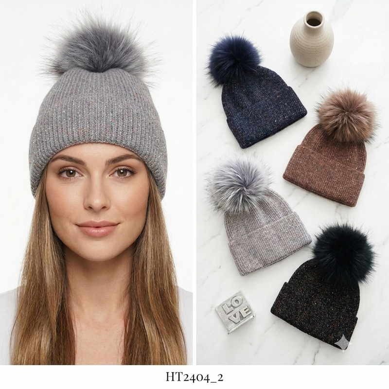 Sparkly Knit Beanie with Fox Fur Pom-Pom-HT2404