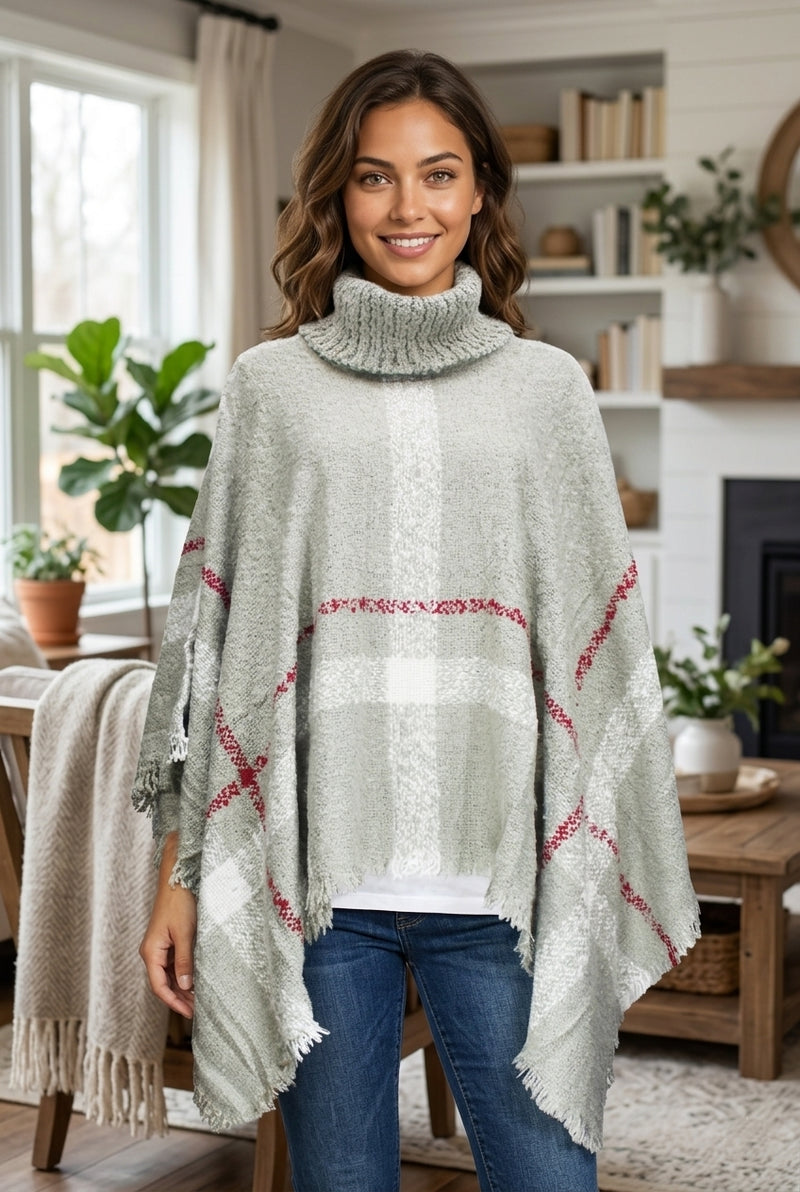 Cozy Plaid Turtleneck Poncho-SHW1501