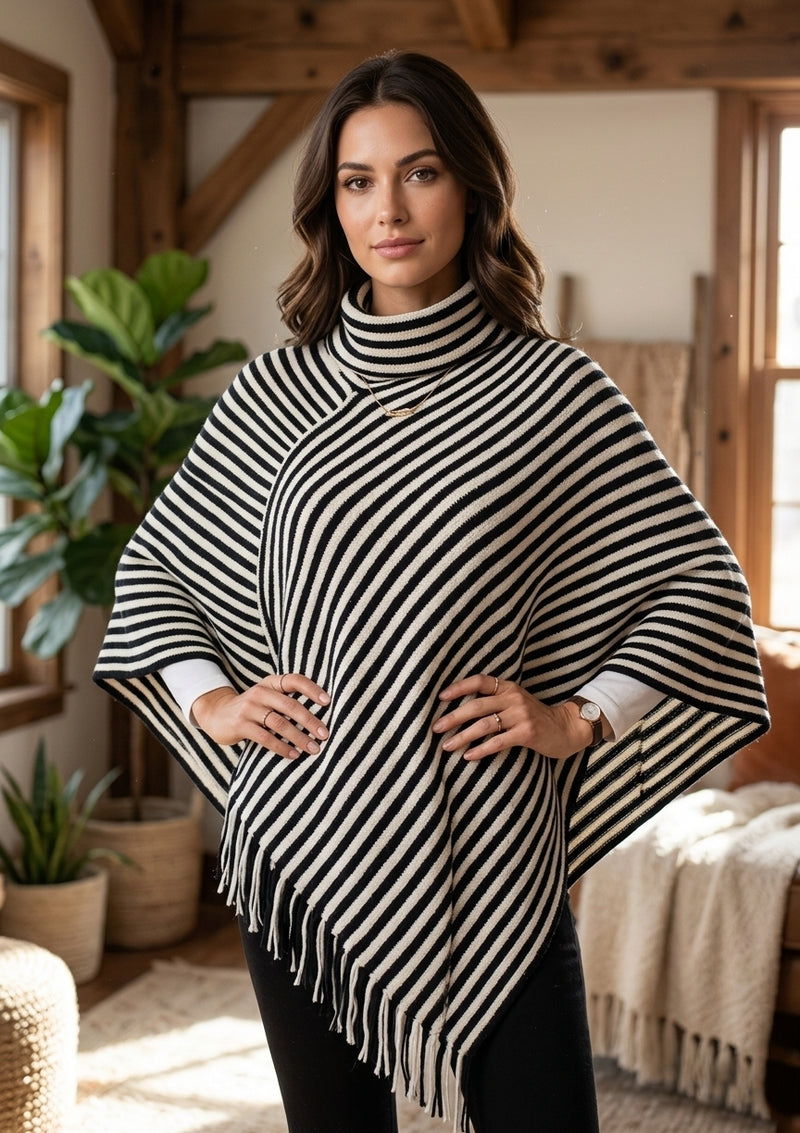 Striped Knit Turtleneck Poncho - SHW1503-01