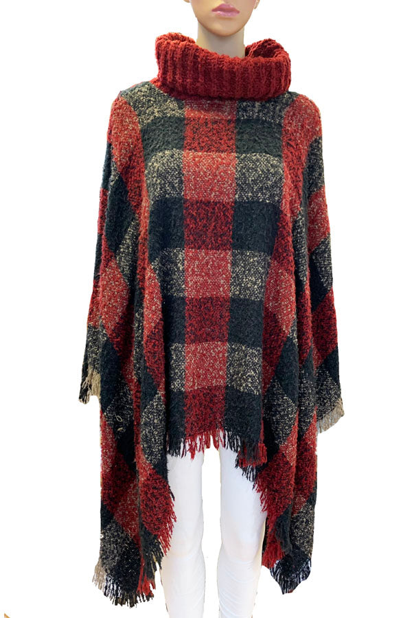 Plaid Turtleneck Fringe Poncho-SHW1516