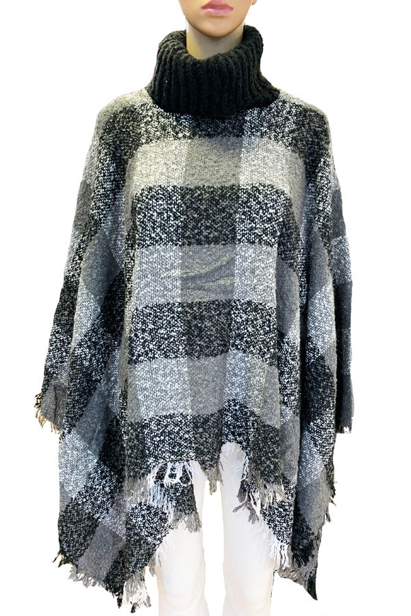 Plaid Turtleneck Fringe Poncho-SHW1516