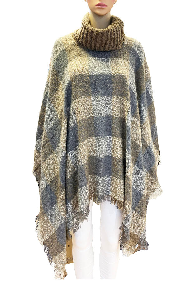 Plaid Turtleneck Fringe Poncho-SHW1516