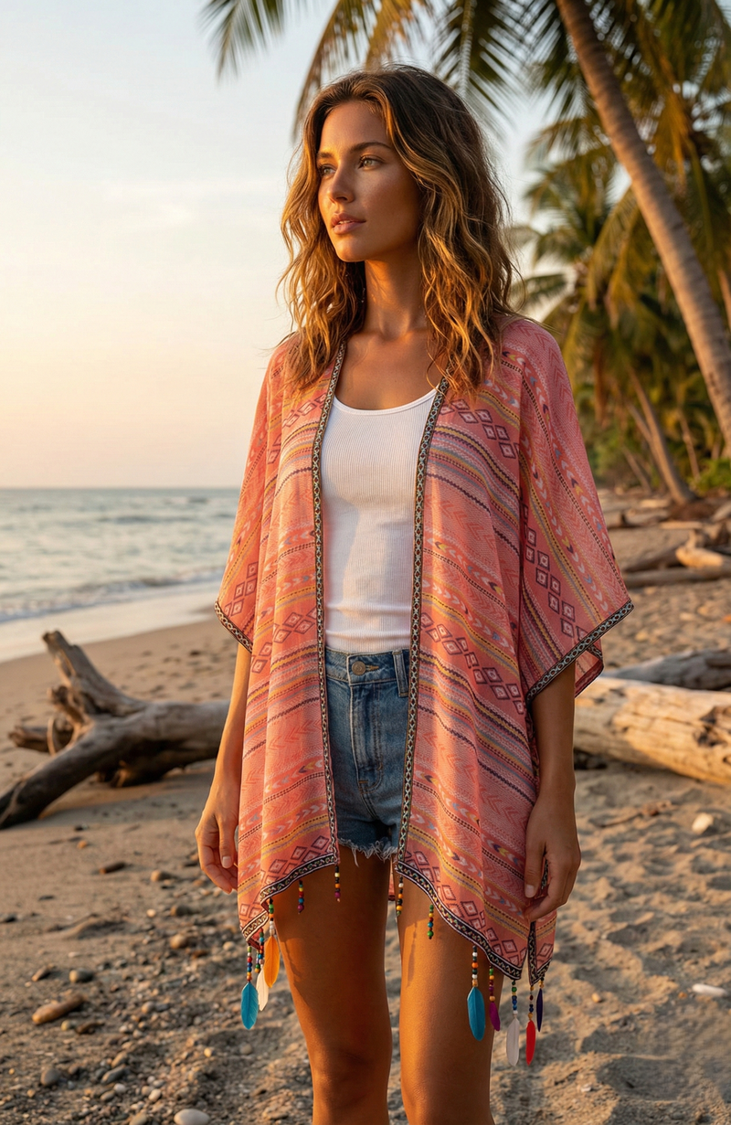 Boho Feather Trim Kimono-SHW1614