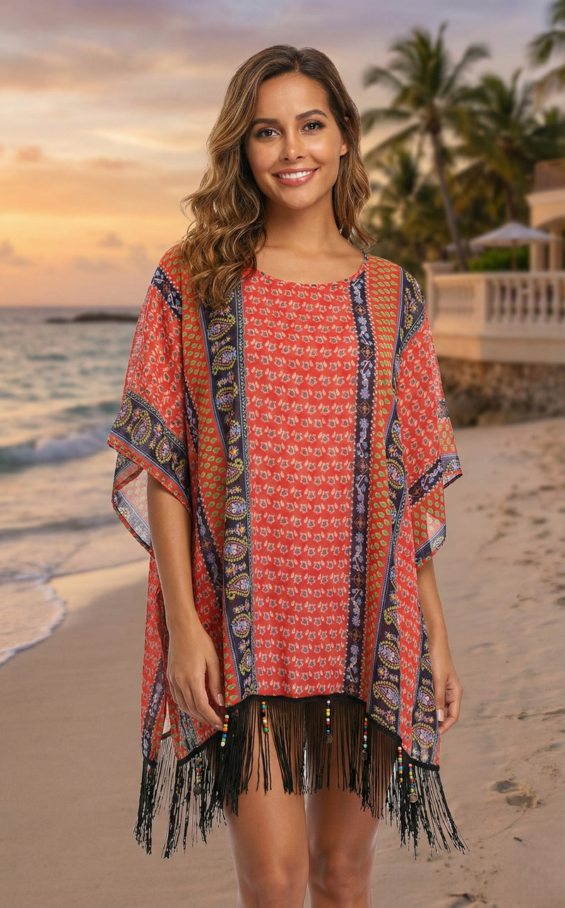 Boho Print Fringe Tunic-SHW1615
