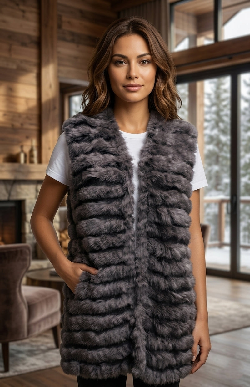 Striped Rabbit Fur Vest - SHW1618