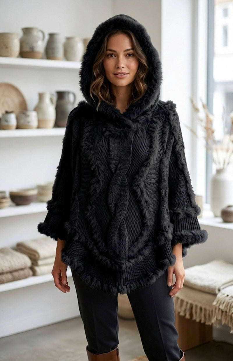 Knitted Poncho with Fur-SHW1625