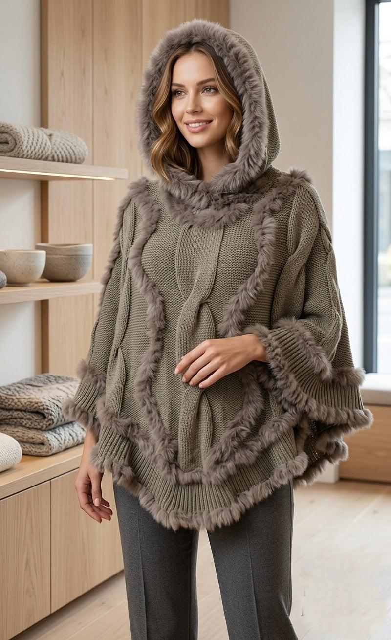 Knitted Poncho with Fur-SHW1625
