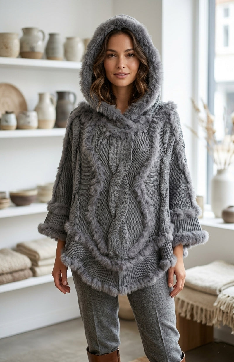 Knitted Poncho with Fur-SHW1625