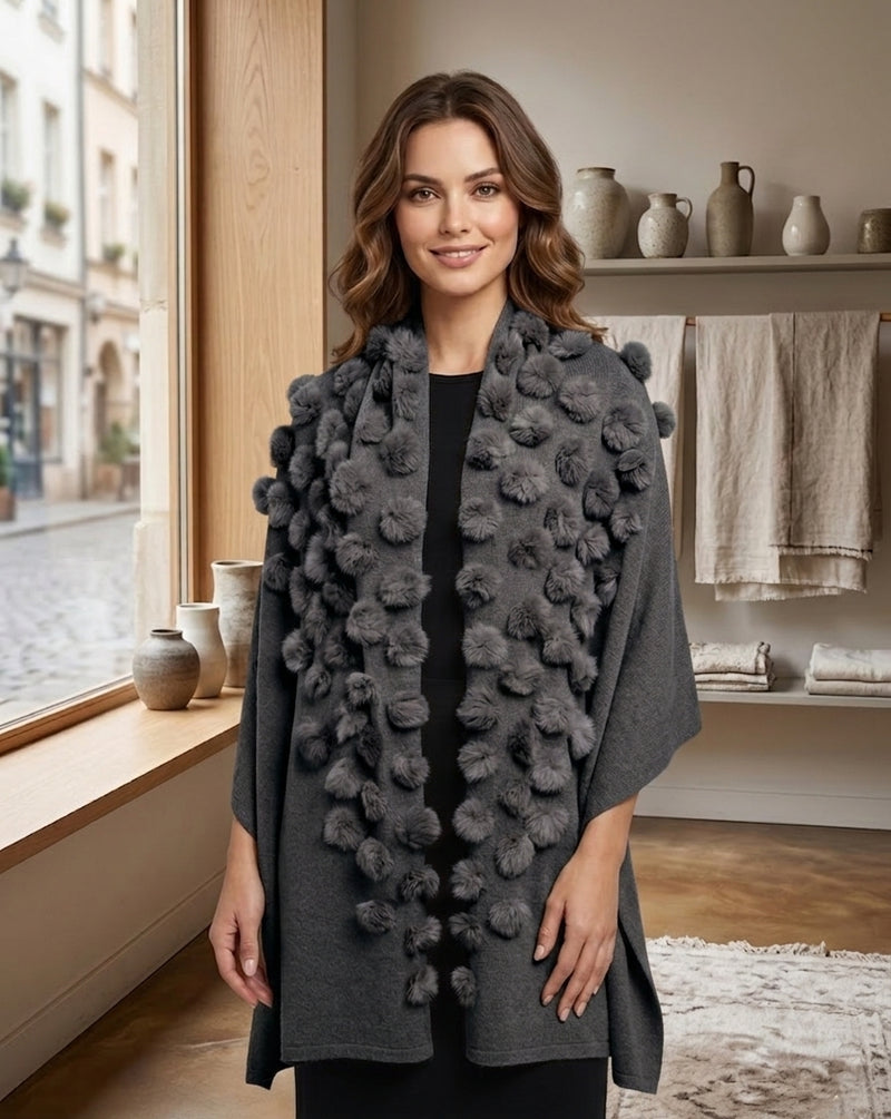 Elegant Pom-Pom Fur Shawl-SHW1712