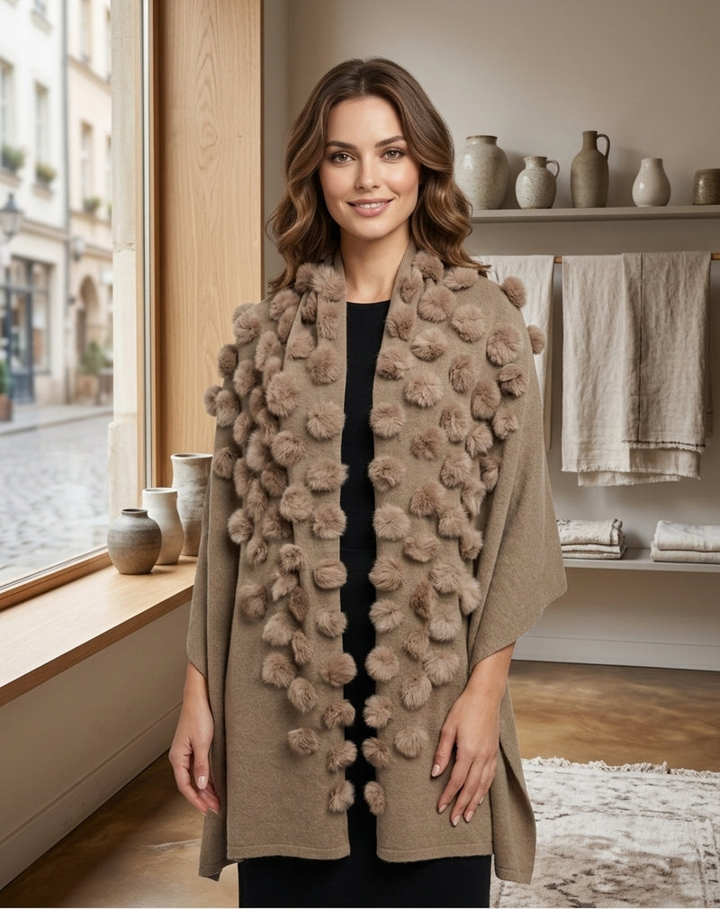 Elegant Pom-Pom Fur Shawl-SHW1712