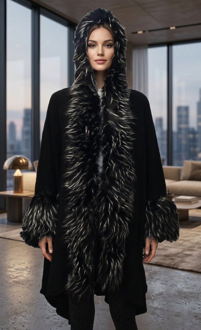 Luxe Fur-Trim Hooded Cape-SHW1713