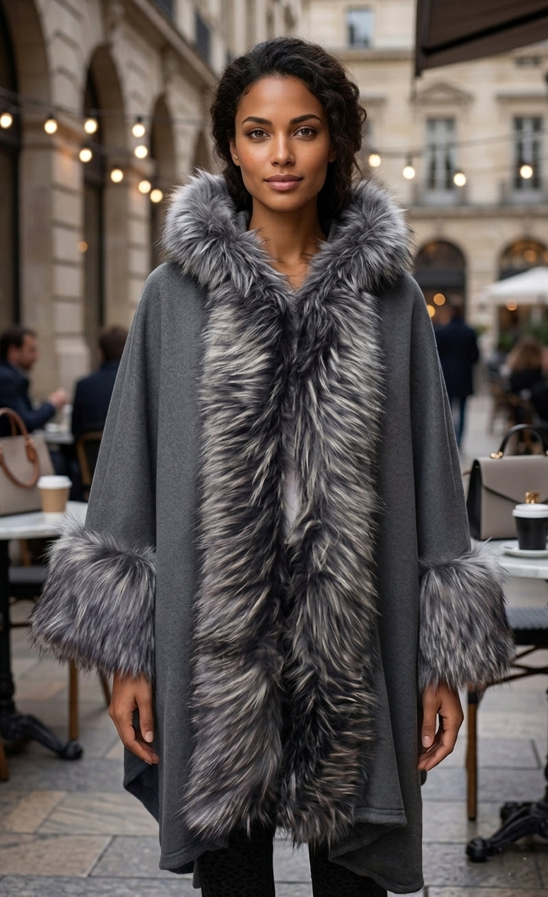 Luxe Fur-Trim Hooded Cape-SHW1713